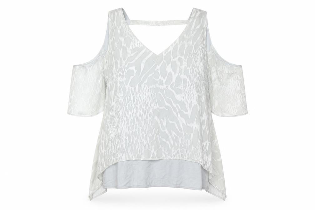 Front view of Live Unlimited London Women's White Cold Shoulder Top