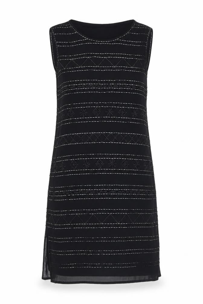Front view of Laura Ashley Women's Black Shift Dress, size 10, Sleeveless
