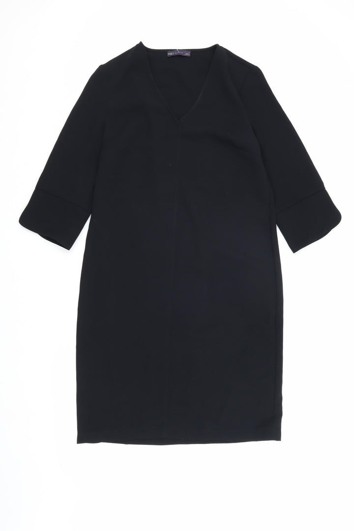 Marks and Spencer Black V-Neck Dress, Size 8, 3/4 Sleeve