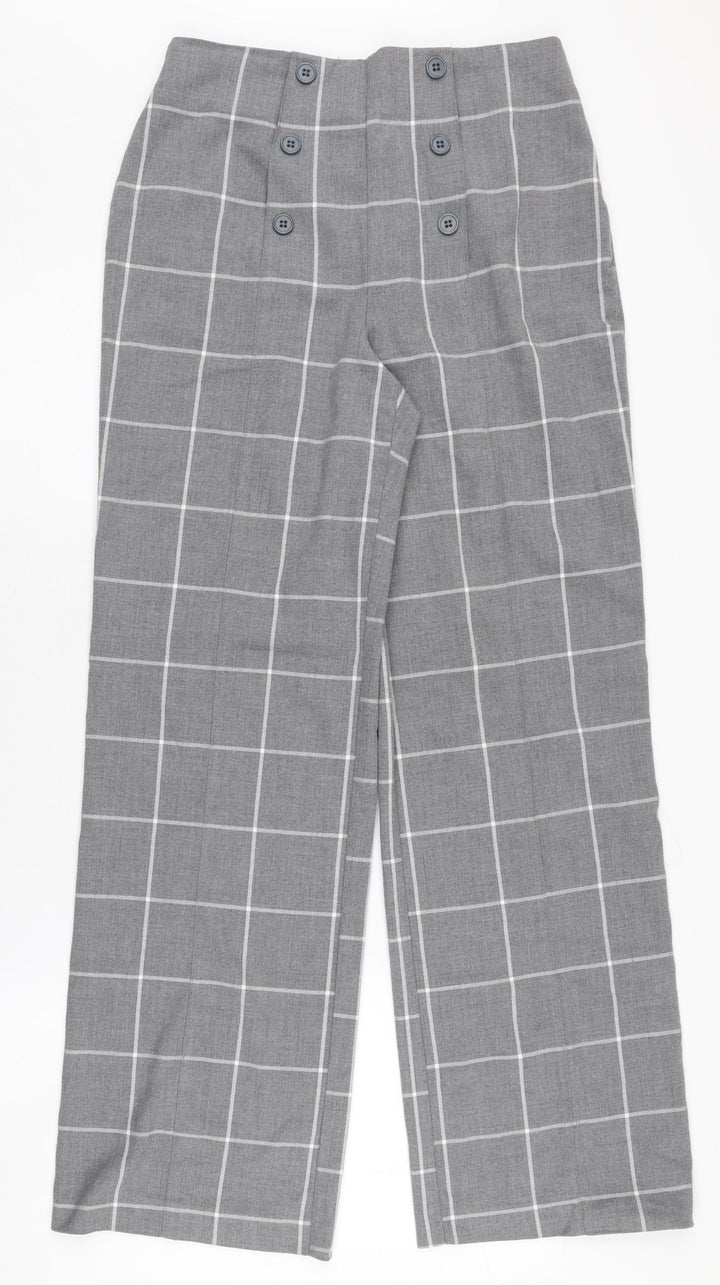 Kiabi Women's Grey Check Trousers Size 10 Wide-Leg