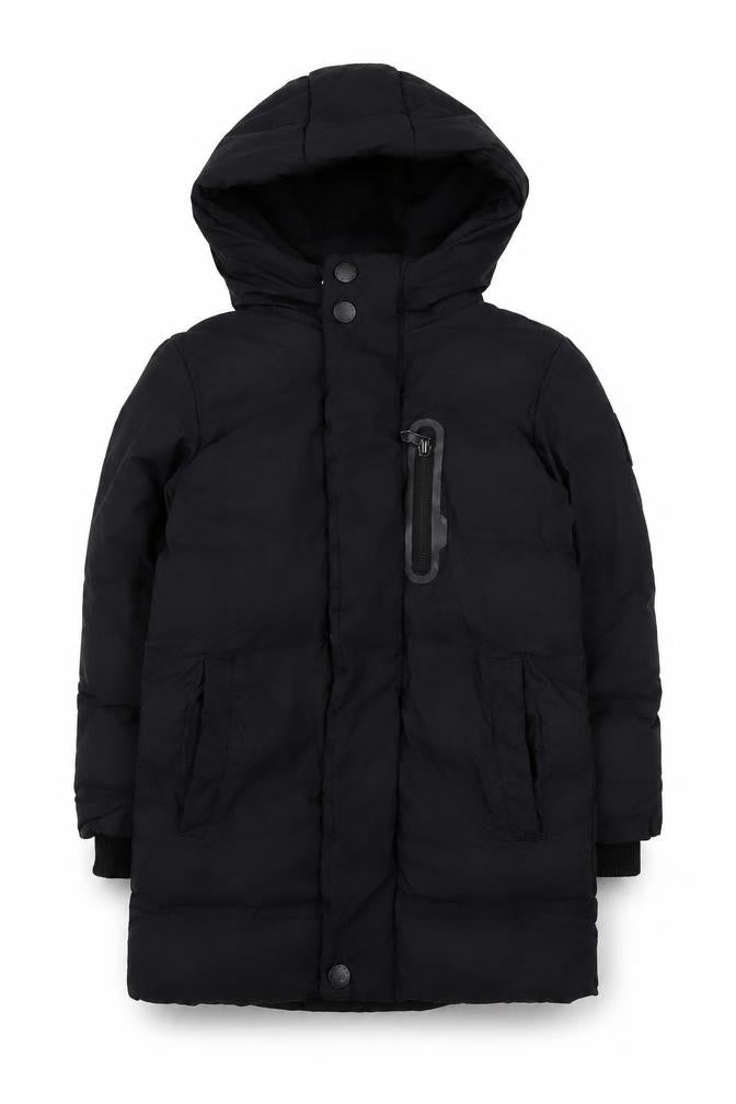 Front view of Next boys’ black puffer jacket, 3 years, mid-length winter coat