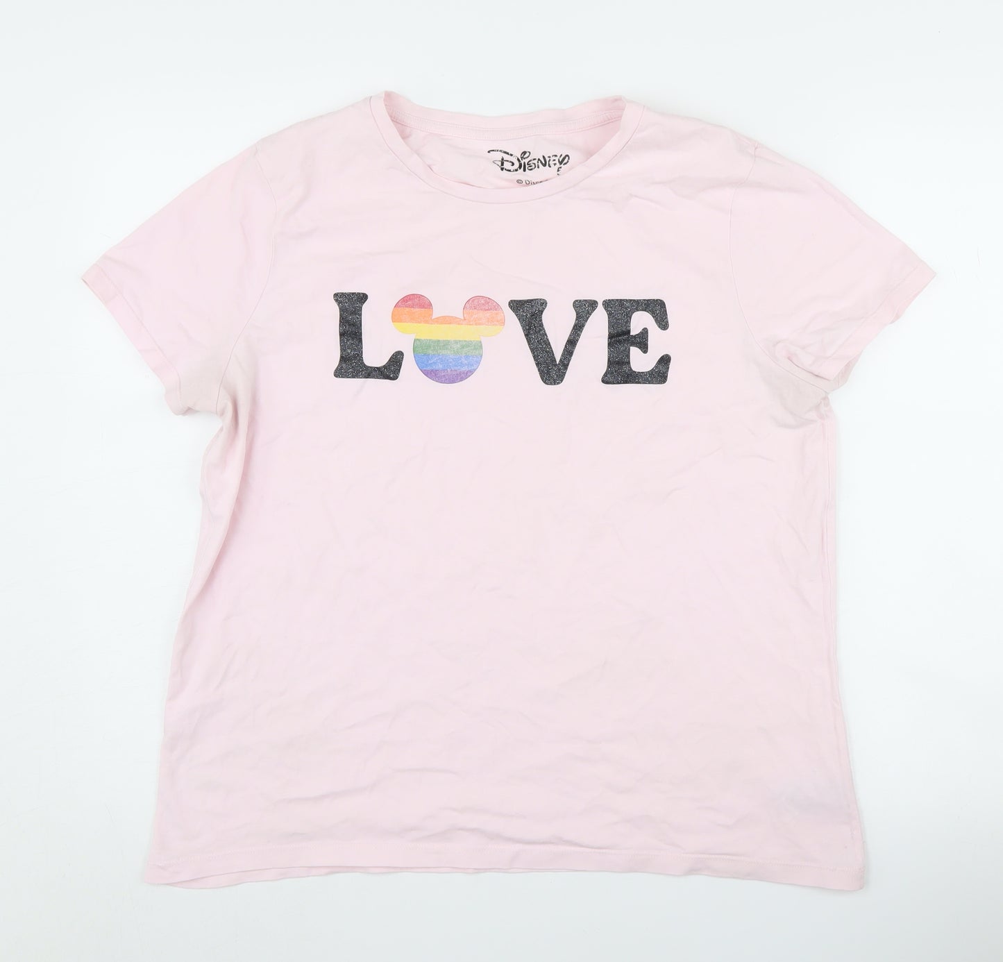 Disney Women's Pink Love T-Shirt UK 16 Crew Neck Short Sleeve