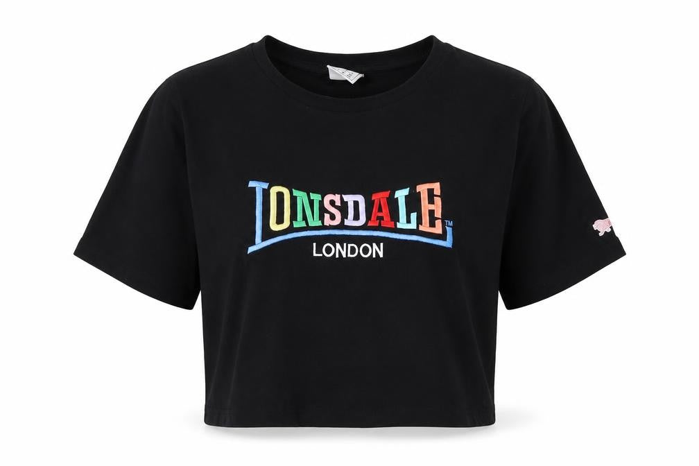 Front view of Lonsdale Women's Black Cropped T-Shirt, size 12