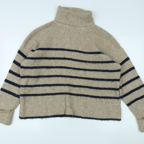 Marks and Spencer Women's Beige Striped Roll Neck Jumper L