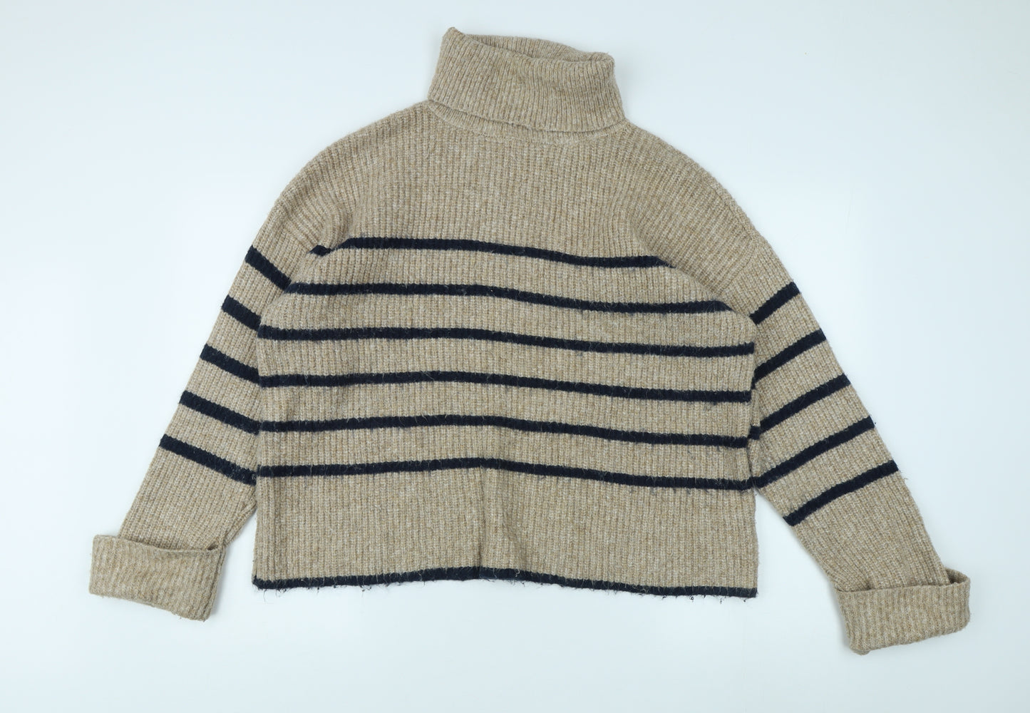 Marks and Spencer Women's Beige Striped Roll Neck Jumper L