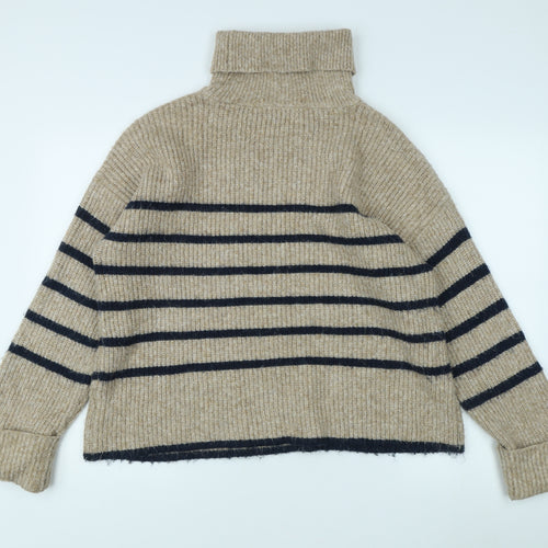 Marks and Spencer Women's Beige Striped Roll Neck Jumper L