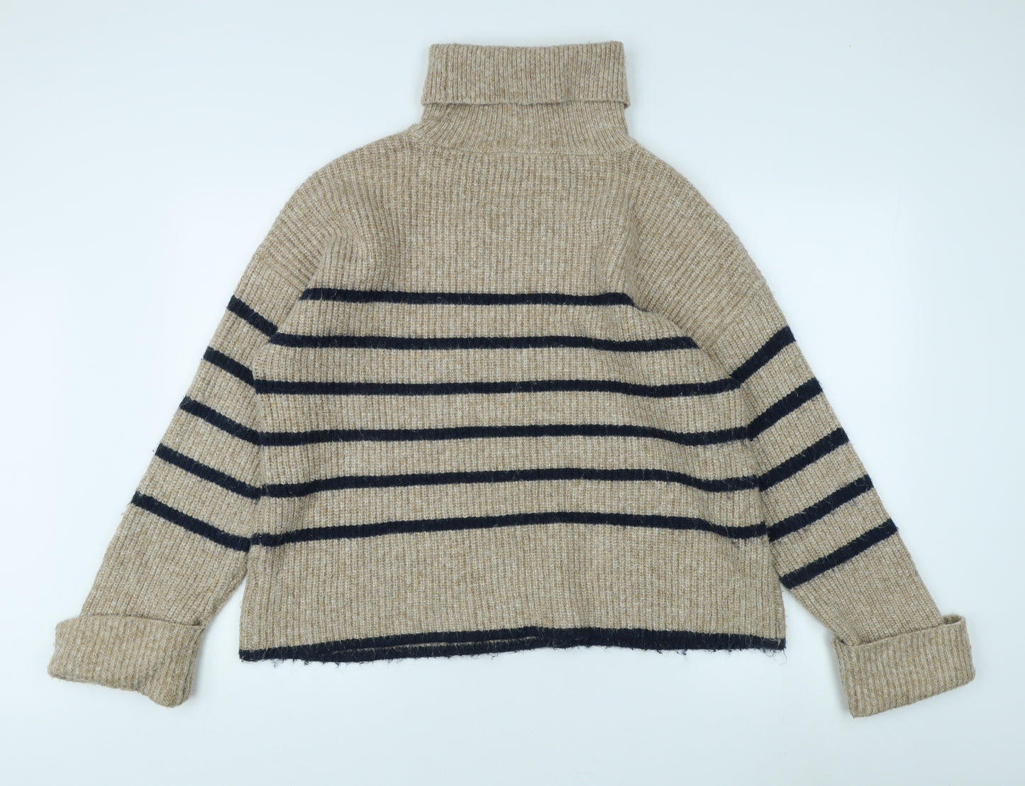 Marks and Spencer Women's Beige Striped Roll Neck Jumper L