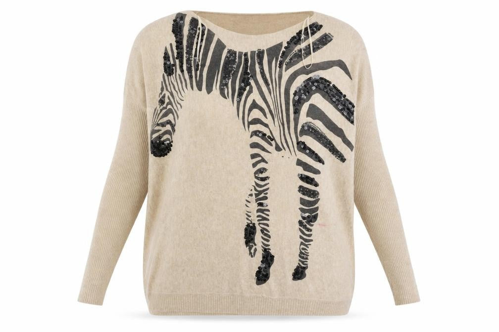 Front view of A X Paris Women's Beige Zebra Sequin Jumper S/M