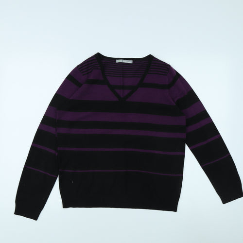 Marks and Spencer Women's Purple Striped Pullover Jumper - Size 12