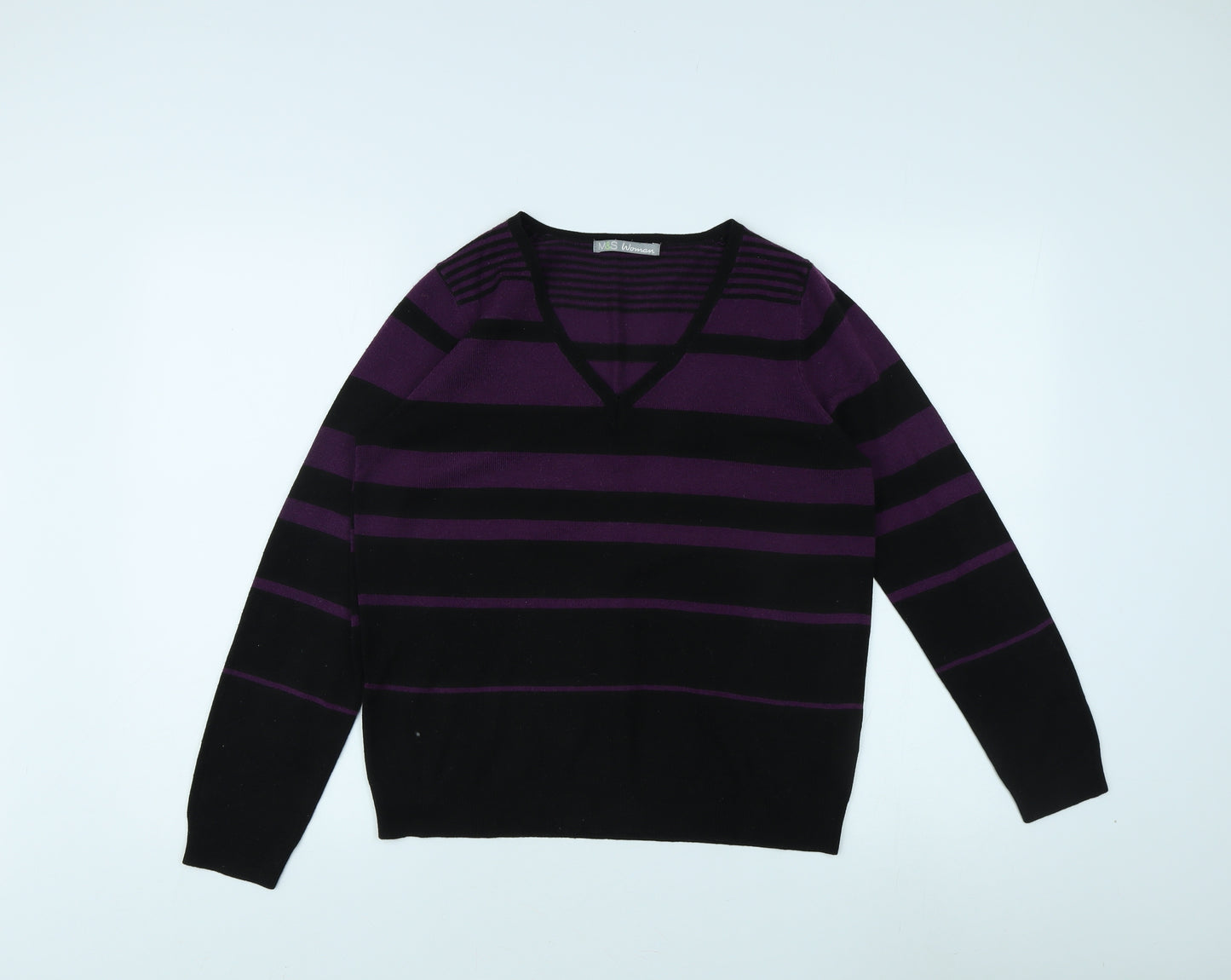 Marks and Spencer Women's Purple Striped Pullover Jumper - Size 12