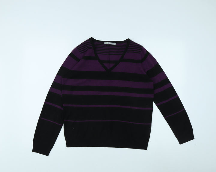 Marks and Spencer Women's Purple Striped Pullover Jumper - Size 12