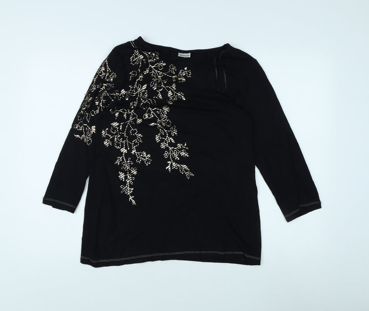 Damart Women's Black Embroidered Boat Neck Top M