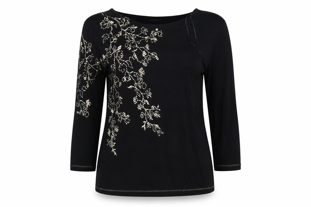 Front view of Damart Women's Black Embroidered Boat Neck Top M