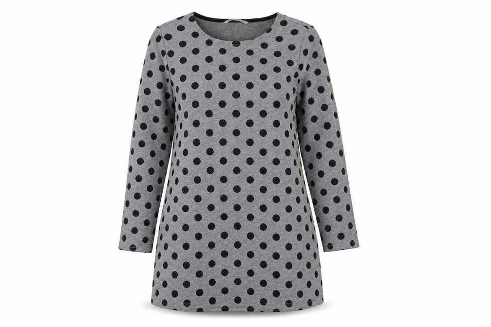 Front view of Stradivarius Women's Grey Polka Dot Shift Dress, size 8