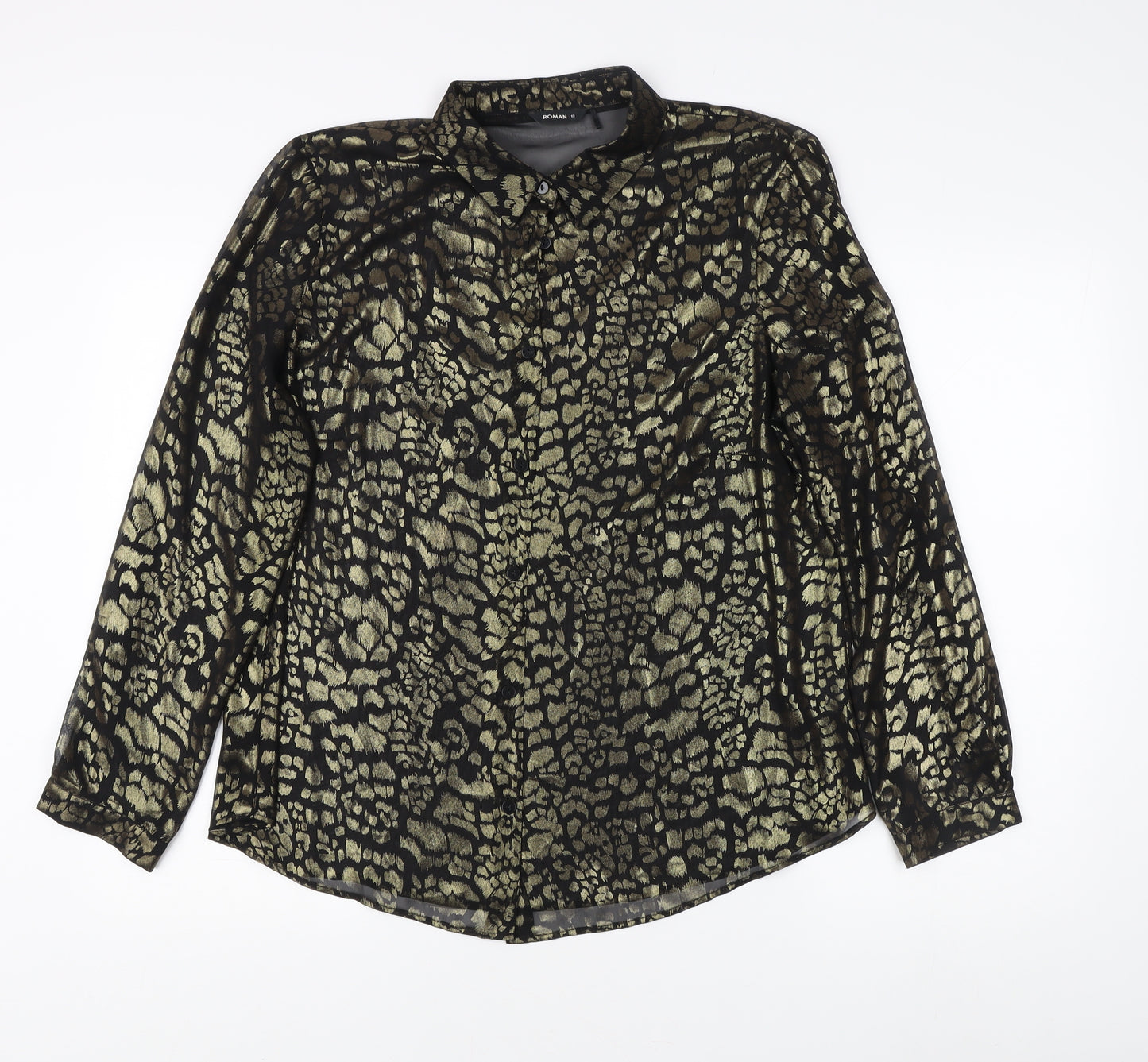 Roman Women's Black Animal Print Button-Up Shirt Size 18