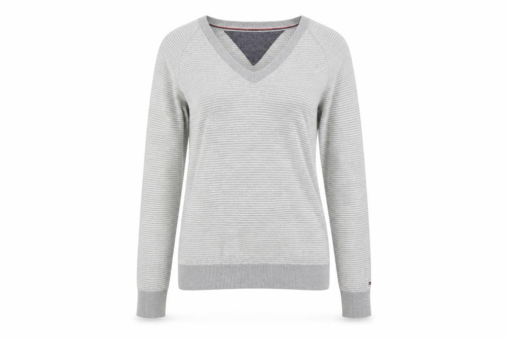 Front view of Tommy Hilfiger Women's Grey V-Neck jumper, S