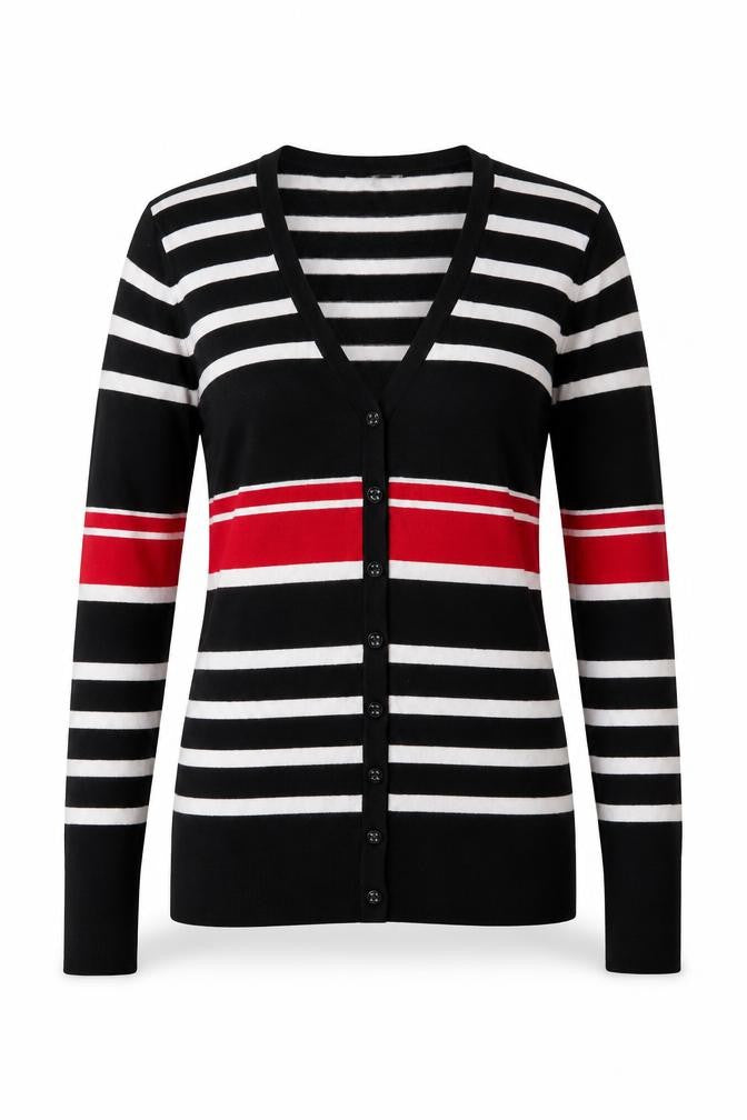 Front view of Laura Ashley Women's Black Striped Cardigan, size 12