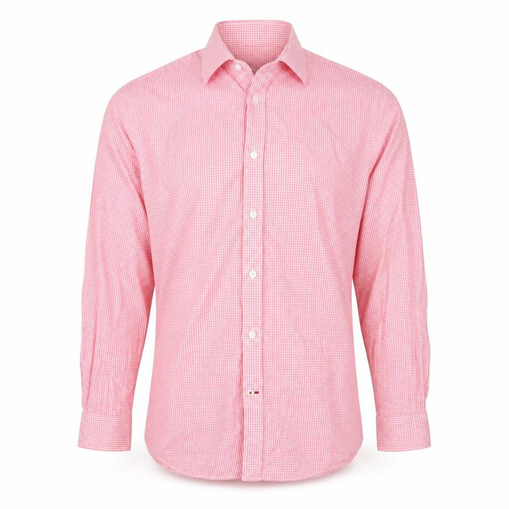 Front view of Tommy Hilfiger Men's Pink Check Slim Fit Shirt M