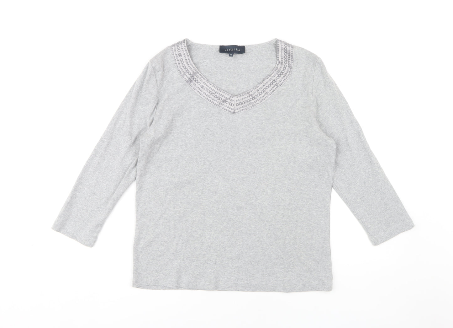 Viyella Women's Grey Embroidered V-Neck T-Shirt M
