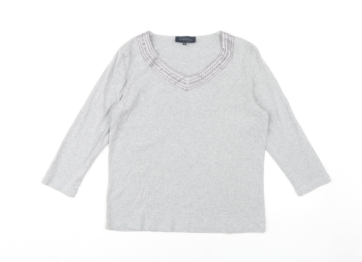 Viyella Women's Grey Embroidered V-Neck T-Shirt M