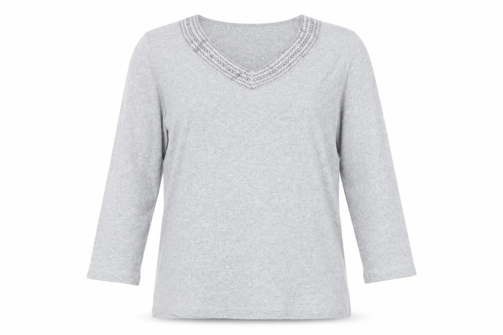 Front view of Viyella Women's Grey Embroidered V-Neck T-Shirt M