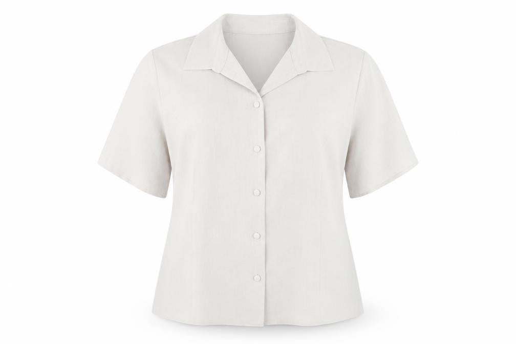 Front view of Honor Millburn Women's Beige Classic Short Sleeve Blouse
