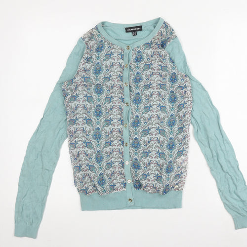 Warehouse Women's Blue Floral Cardigan, Size 8, Button Accents