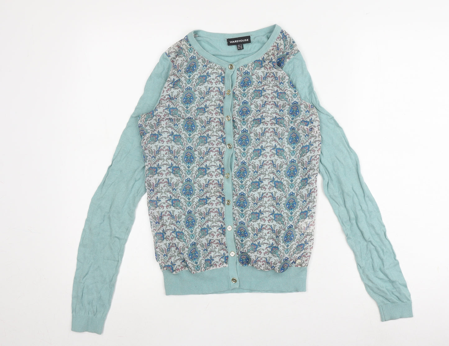 Warehouse Women's Blue Floral Cardigan, Size 8, Button Accents