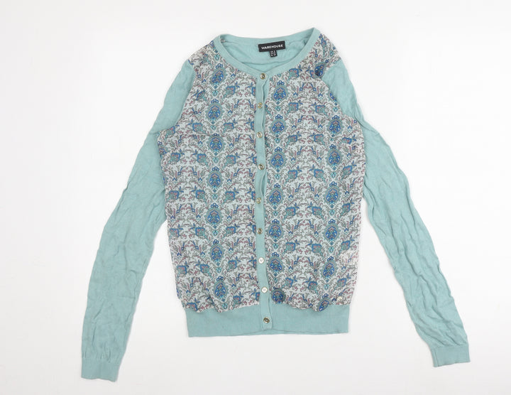 Warehouse Women's Blue Floral Cardigan, Size 8, Button Accents