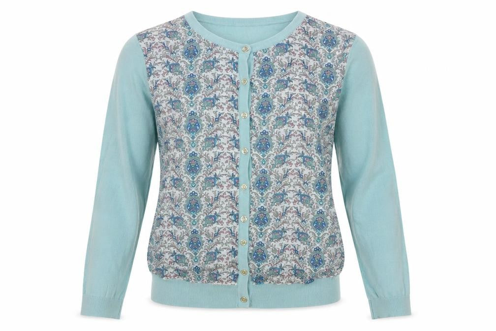 Front view of Warehouse Women's Blue Floral Cardigan, size 8, Button Accents