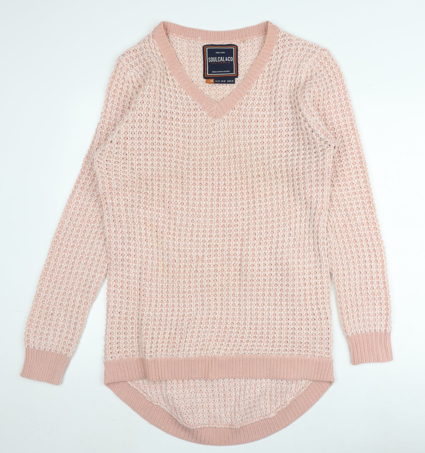SoulCal & Co Women's Pink V-Neck Waffle-Knit Jumper Size 14