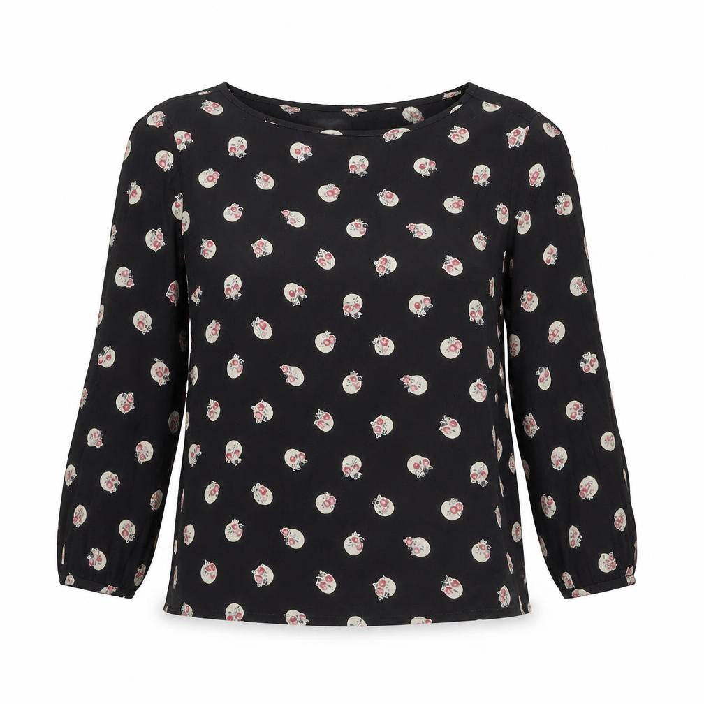 Front view of Cath Kidston Black Floral Skull Blouse, size 6, 3/4 Sleeve
