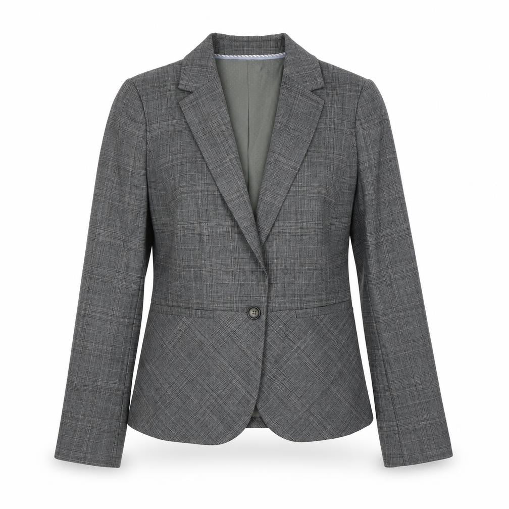 Front view of Banana Republic Women's Grey Blazer, size 2, Check Pattern