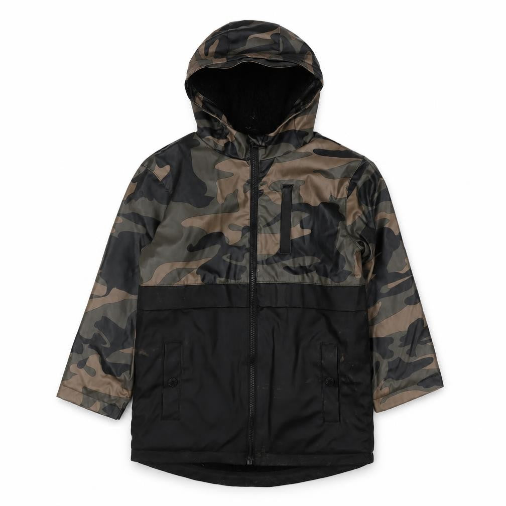 Front view of Firetrap boys’ black camouflage hooded jacket 5-6 years