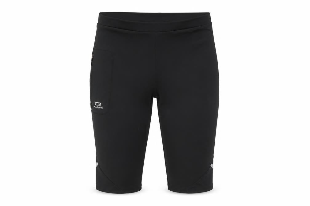 Front view of Decathlon girls’ black running shorts, size 14, years, reflective