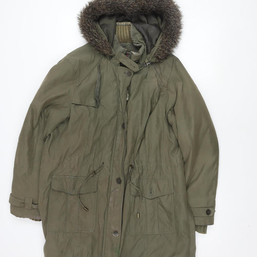 Per Una Women's Green Parka Coat with Fur Trim Hood L