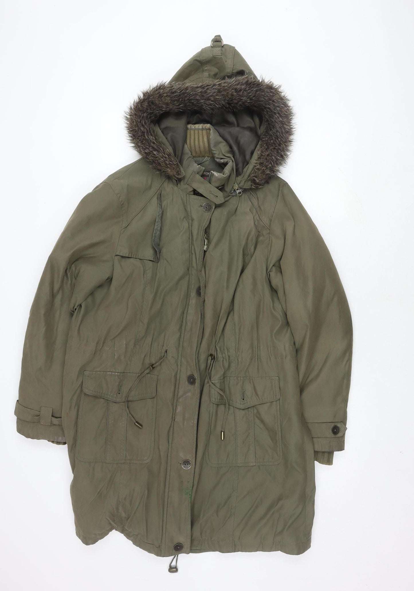 Per Una Women's Green Parka Coat with Fur Trim Hood L