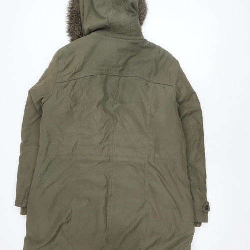 Per Una Women's Green Parka Coat with Fur Trim Hood L