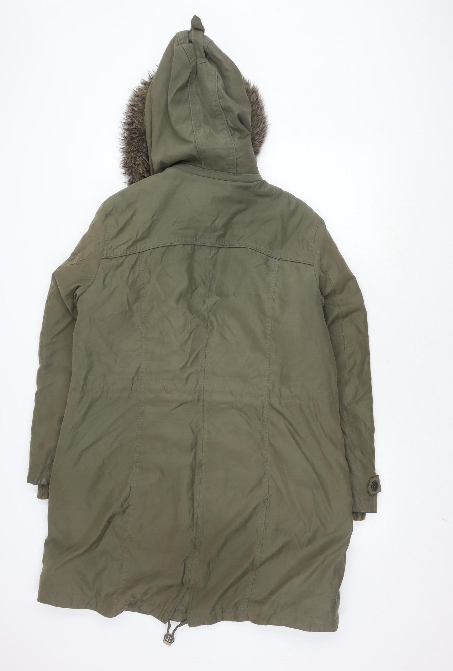 Per Una Women's Green Parka Coat with Fur Trim Hood L