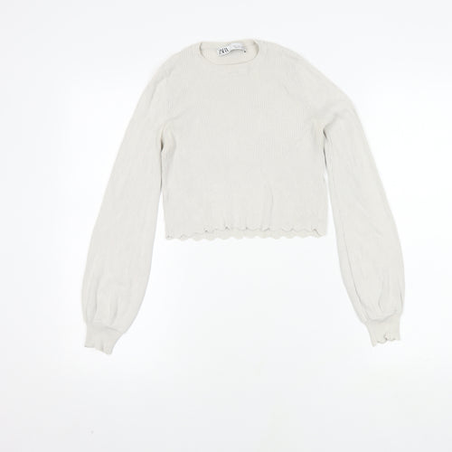 Zara Women's White Cropped Blouse, Size S, Crew Neck
