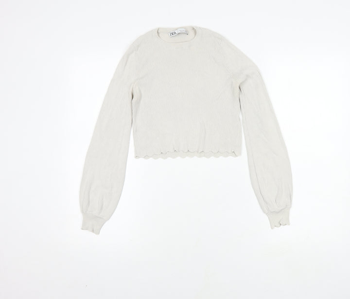 Zara Women's White Cropped Blouse, Size S, Crew Neck