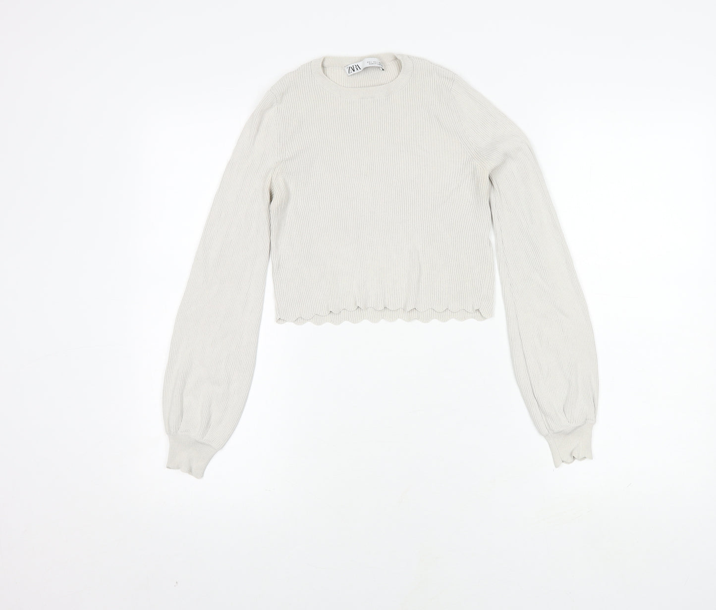 Zara Women's White Cropped Blouse, Size S, Crew Neck