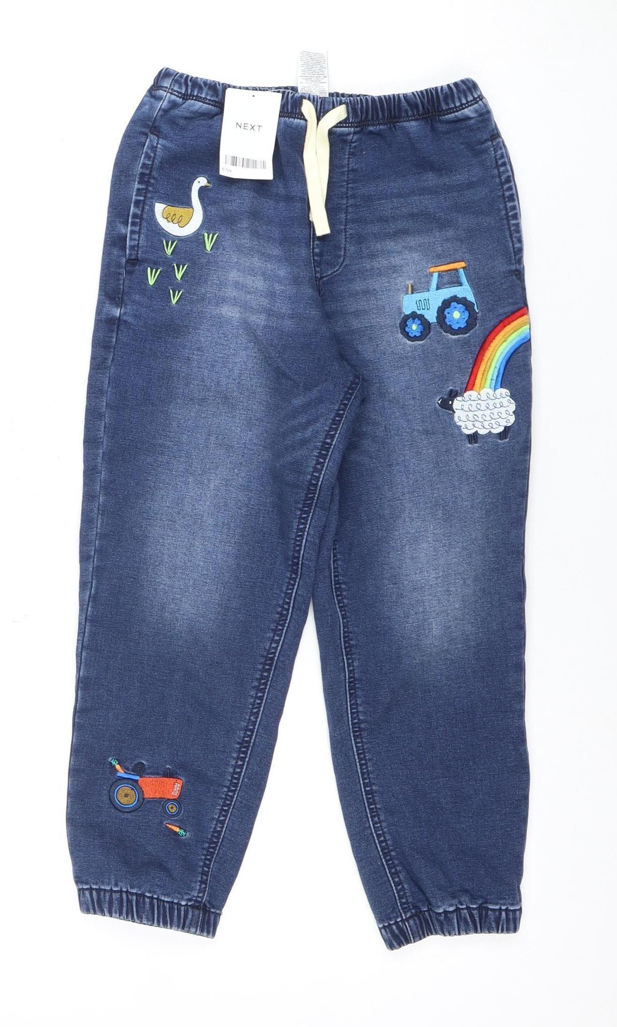 Next Girls Blue Denim Jeans, Size 6-7 Years, Fun Embroidery