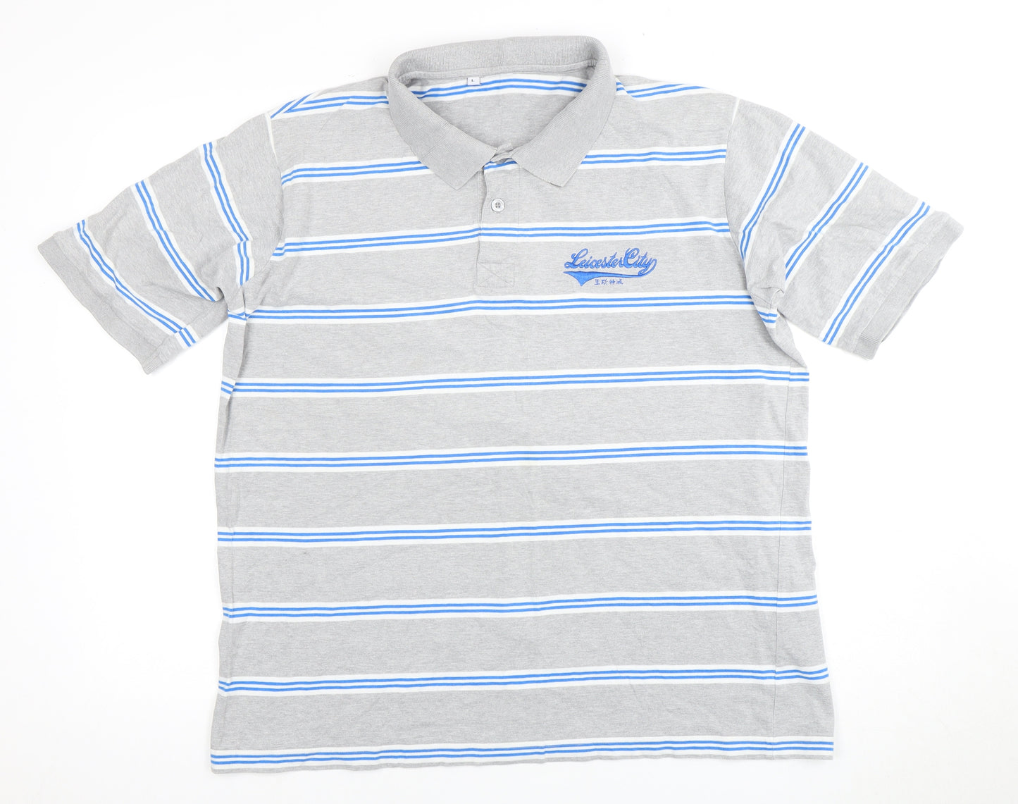 Leicester City Men's Grey Striped Polo Shirt L