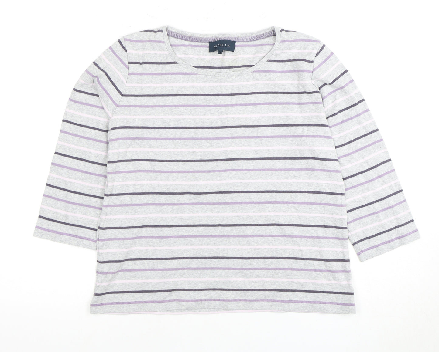 Viyella Women's Grey Striped 3/4 Sleeve Top, Size L