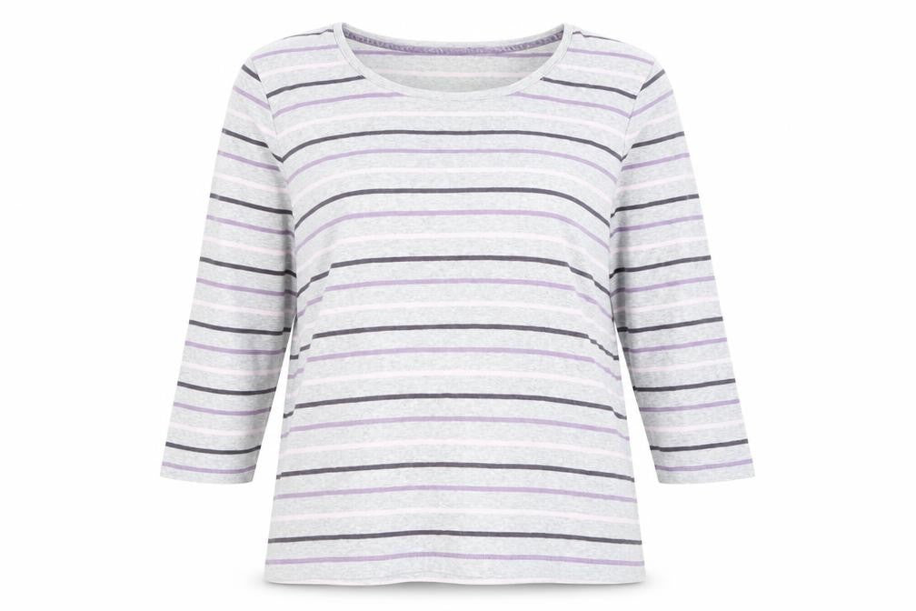 Front view of Viyella Women's Grey Striped 3/4 Sleeve Top, size L