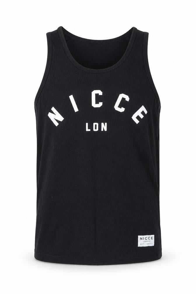 Front view of NICCE Men's Black Sleeveless T-Shirt, size S