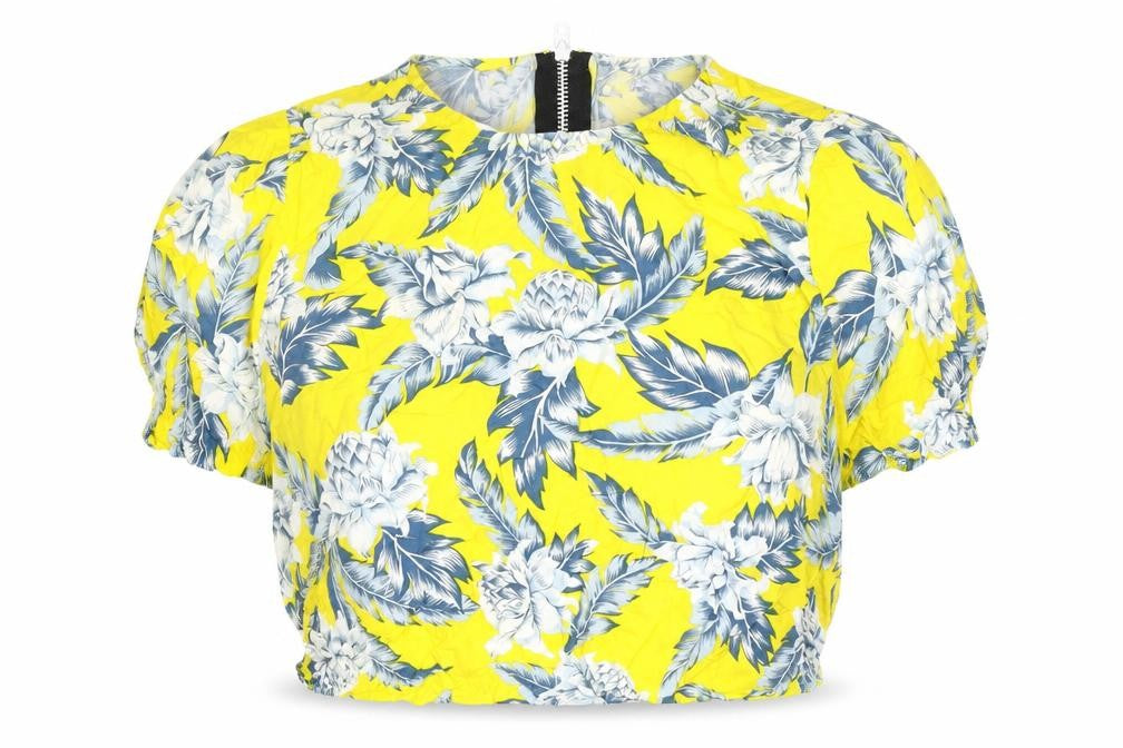 Front view of Motel Rocks Women's Yellow Floral Zip Top S