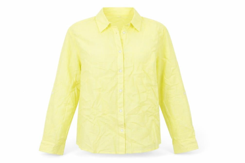 Front view of Damart Women's Yellow Cotton Button-Up Shirt, size L