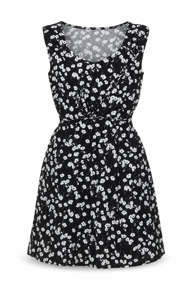Front view of Oasis Women's Black Floral A-Line Dress, size S
